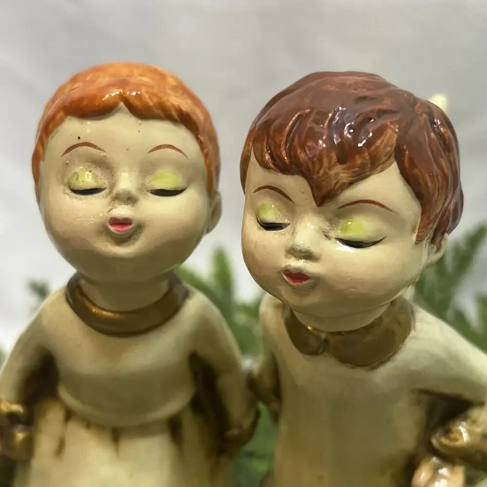 Vintage Mid Century Kissing Angels Choir Musicians Violin Christmas Set of 2